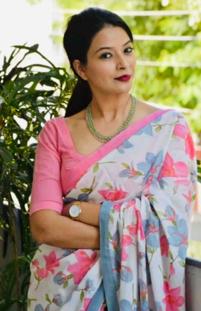 Breathable Hand Printed Cotton Mulmul Saree
