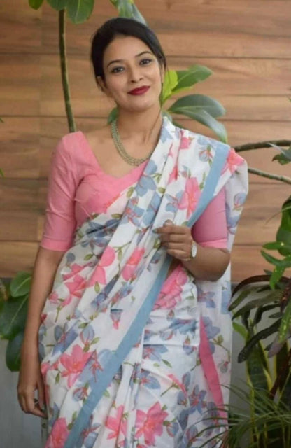 Breathable Hand Printed Cotton Mulmul Saree